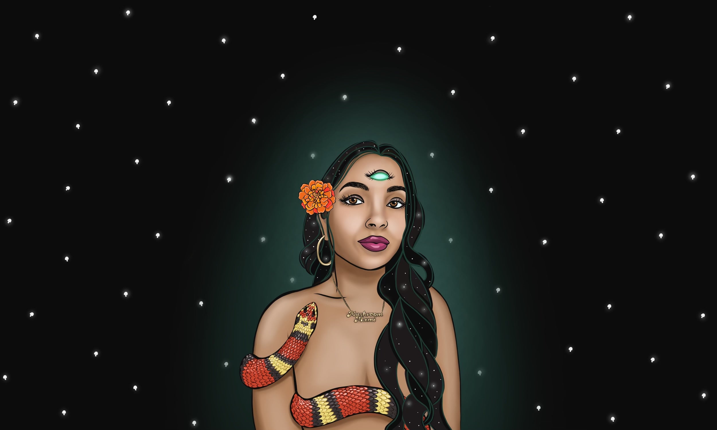 Brand image for Mushroom Mami picturing a medicine woman with long dark hair, a third eye, and a snake wrapped around her body. She has a marigold behind her ear, and a mushroom mami gold name plate.